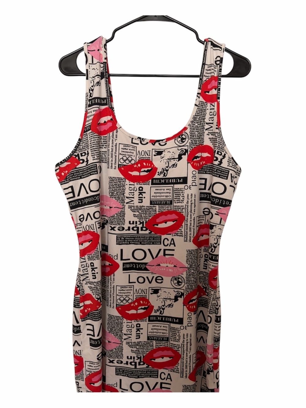 Printed Newspaper & Lip-Print Mini Dress in Beige with Red and Pink Accents